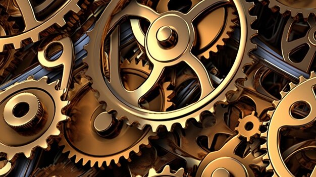 A bunch of gold gears are on a black background.