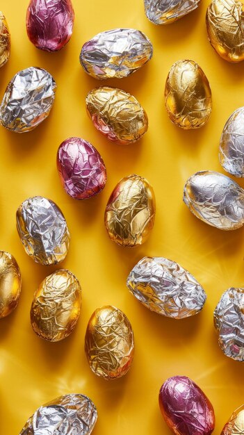 Foto un mucchio di uova di cioccolato dorate e rosa su uno sfondo giallo le uova sono di dimensioni diverse