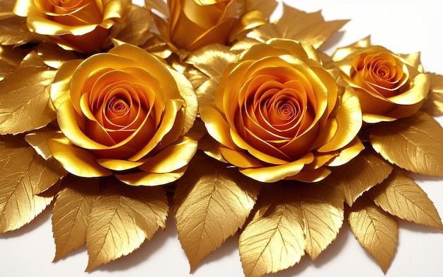 A bunch of gold roses with leaves on them