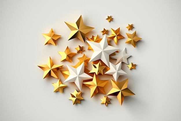 Bunch of gold stars on white background Festive concept