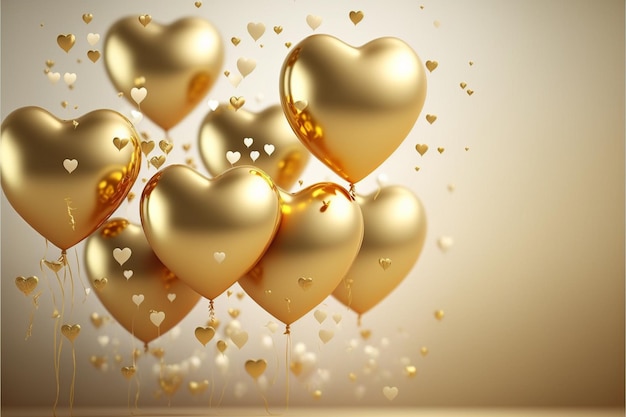 A bunch of golden balloons with hearts on them.