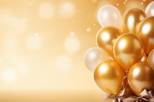 Bunch of golden balloons with ribbon and bow