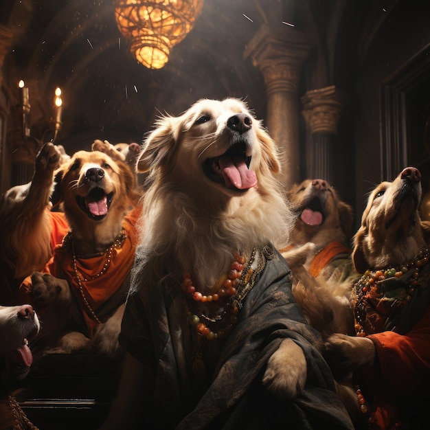 Photo a bunch of golden retriever dogs attending a rave