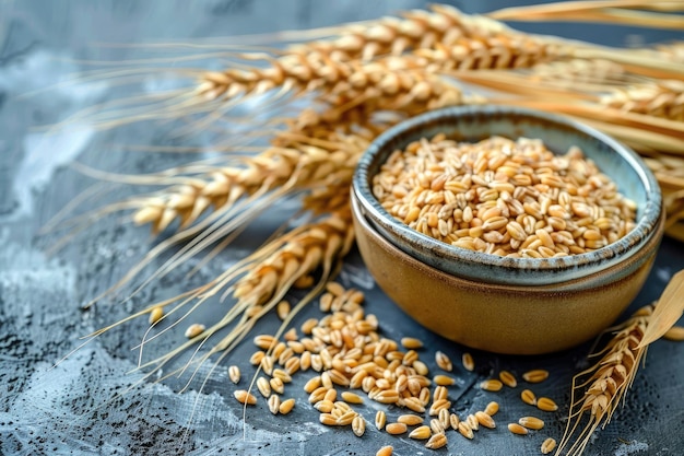 Bunch of golden wheat ears next to a bowl of grains on a rustic wooden table embodying natural whole grain goodness