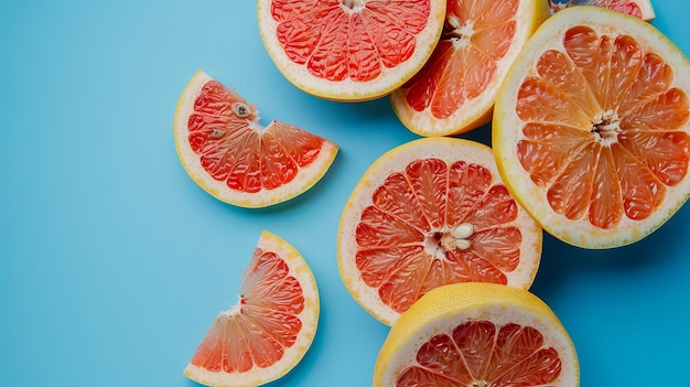 A bunch of grapefruits on a blue background