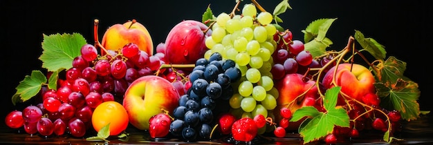 Гроздь винограда, яблок и слив на столе Генеративный AI