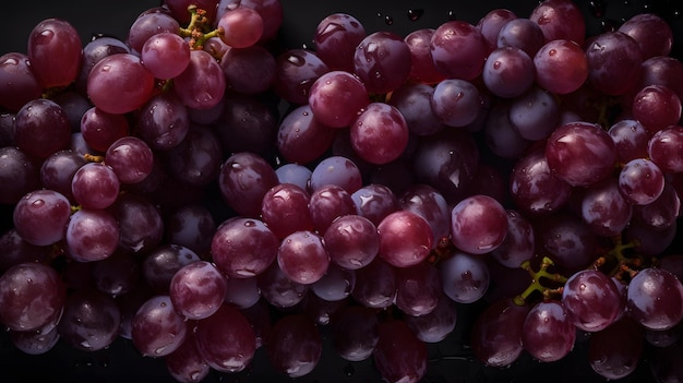 A bunch of grapes are on a black tray.