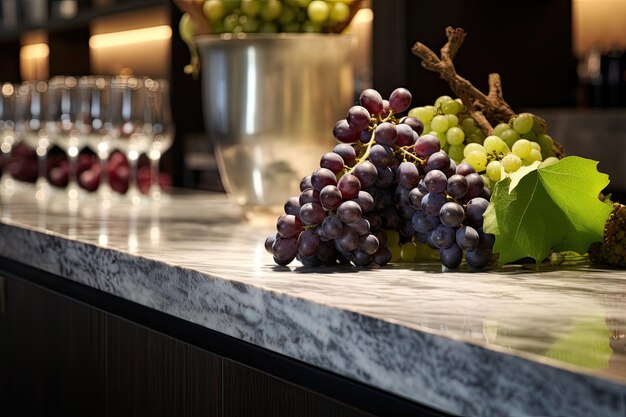 Photo a bunch of grapes are on a counter with a glass of wine in the background.