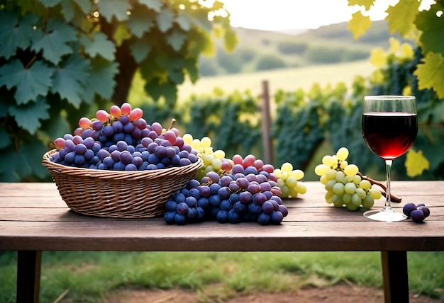 a bunch of grapes are on a table with a basket of grapes