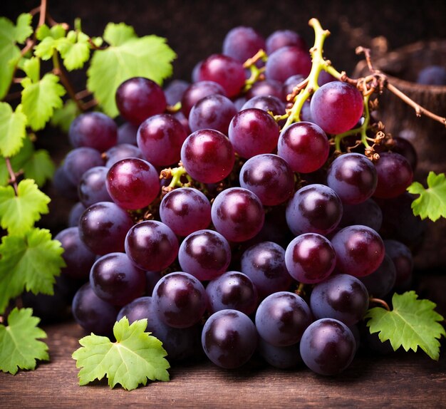 a bunch of grapes are on a wooden table