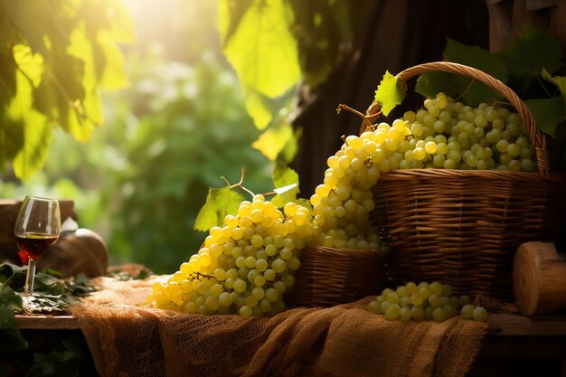 A bunch of grapes fruit on a wooden board