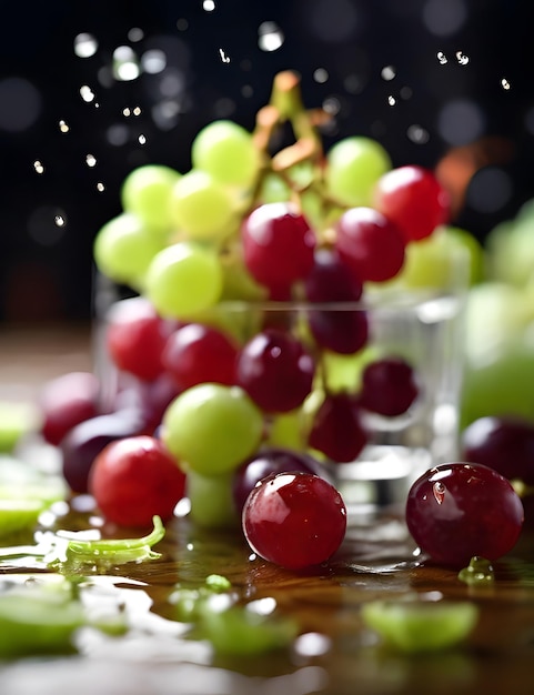 a bunch of grapes and a glass of water on a table