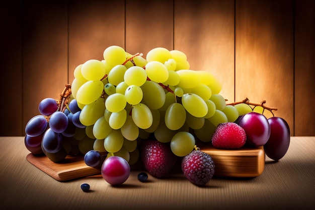 A bunch of grapes and grapes on a wooden table