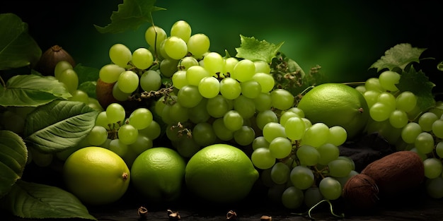 A bunch of grapes and a green apple