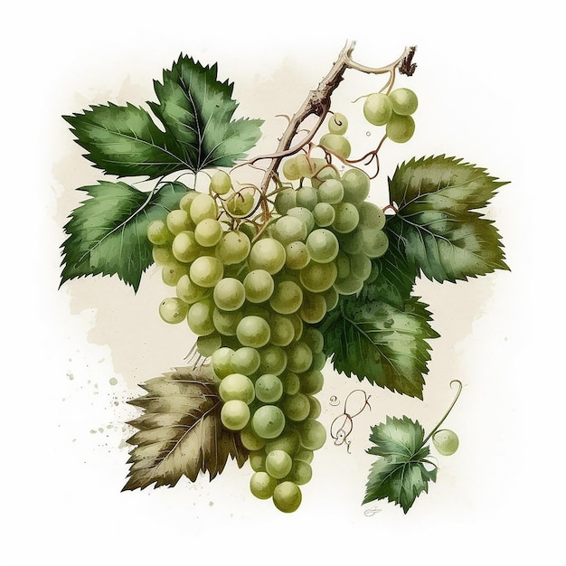 Гроздь винограда висит на ветке с листьями и словом «виноград».