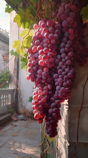 A bunch of grapes hanging from a vine