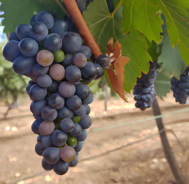 A bunch of grapes hanging on a vine with the green leaves.