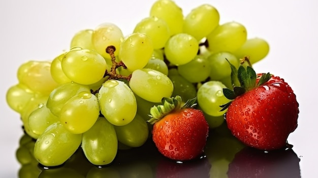 A bunch of grapes and strawberries are on a table.