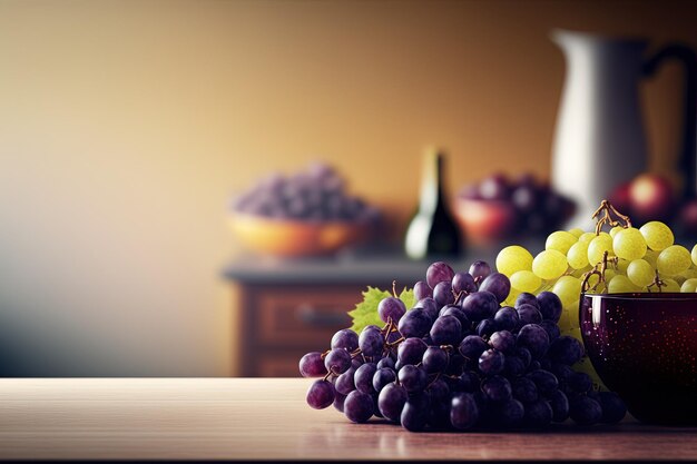 Photo a bunch of grapes on a table with a bottle in the background