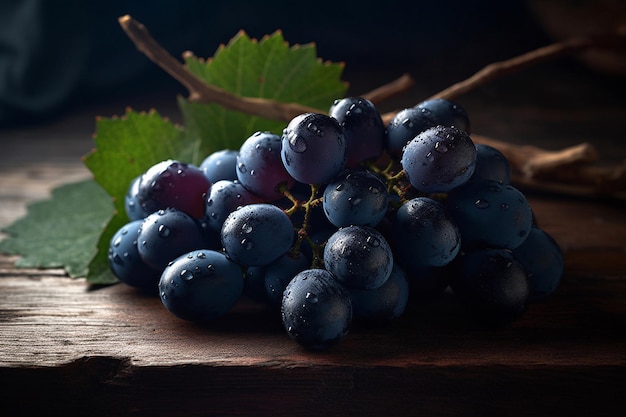 A bunch of grapes on a table with leaves on the table