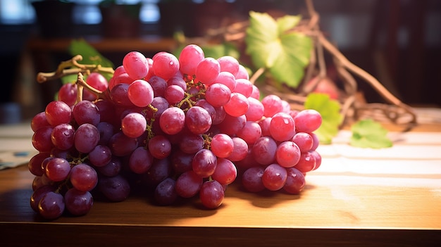 A bunch of grapes on table