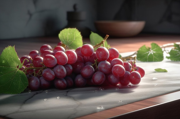 A bunch of grapes on a table