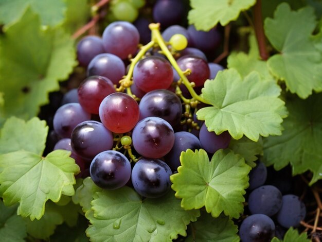 Photo a bunch of grapes with a green leaf that saysthe name of theon it