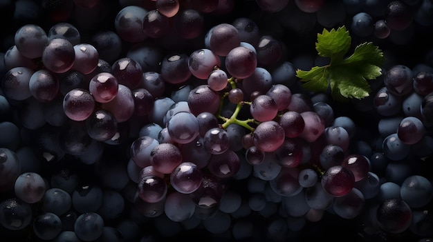 A bunch of grapes with a green leaf on the top