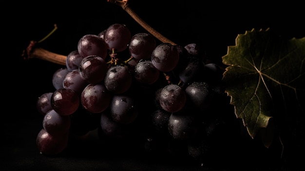 A bunch of grapes with a green leaf on the top