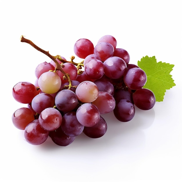 A bunch of grapes with a green leaf on the top.