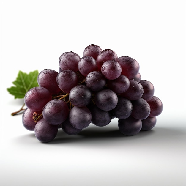 A bunch of grapes with a green leaf on the top.