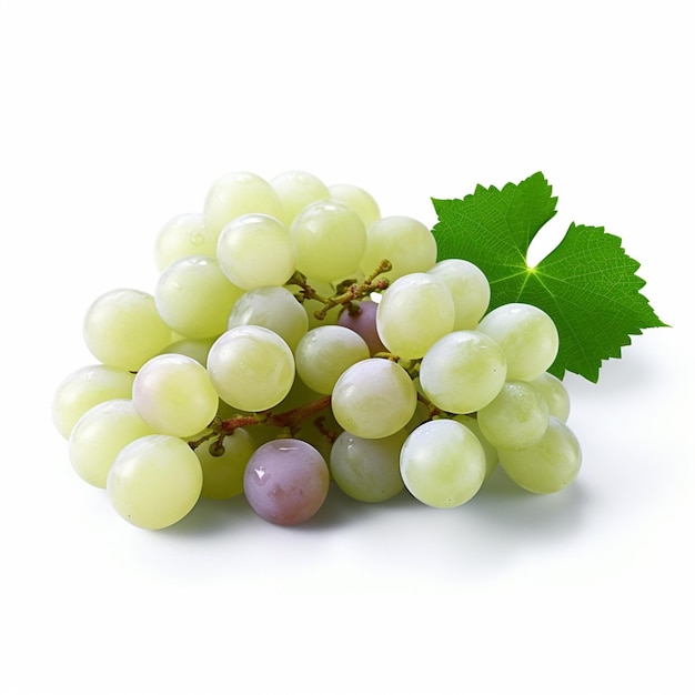 A bunch of grapes with green leaves on the top