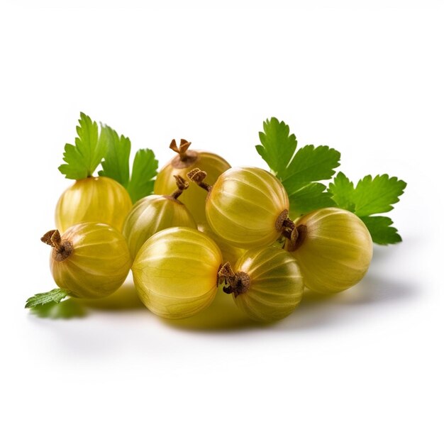 A bunch of grapes with green leaves on a white background