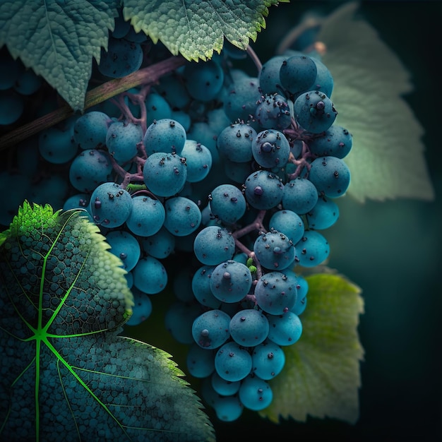 A bunch of grapes with green leaves