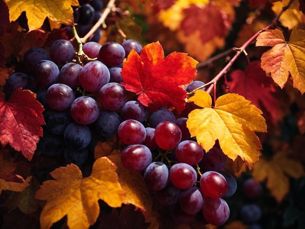 A bunch of grapes with leaves in the background