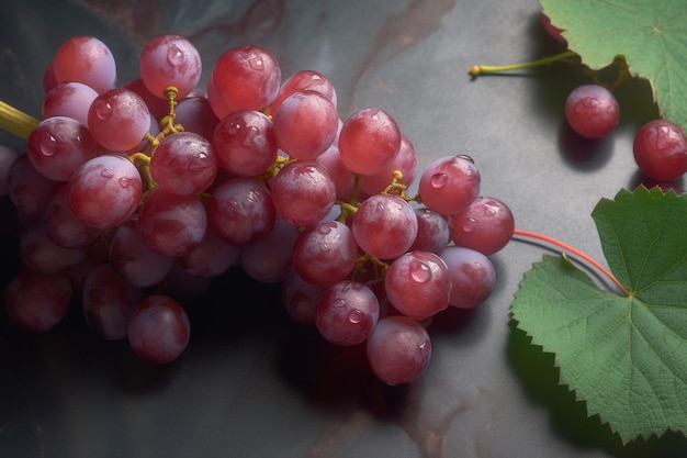 A bunch of grapes with leaves on a marble surface