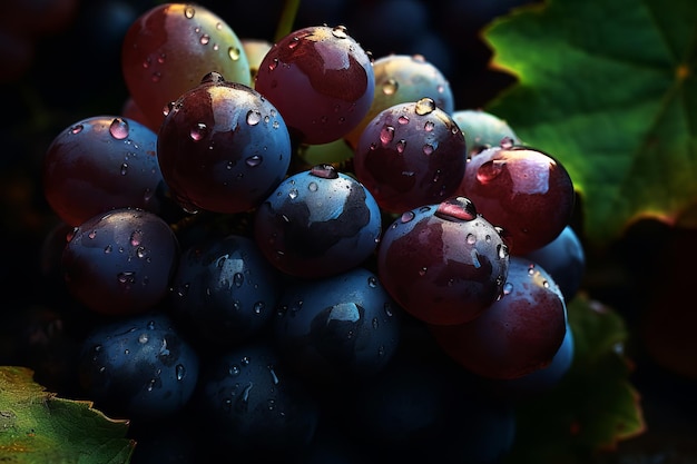 A bunch of grapes with rain drops on them