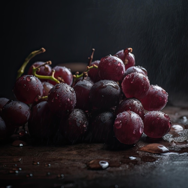 A bunch of grapes with water drops on it