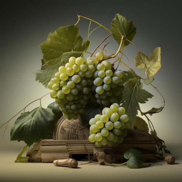 a bunch of grapes on a wooden block