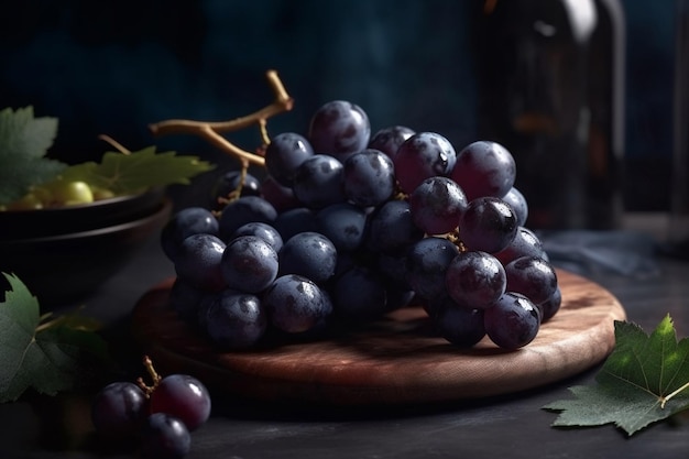 A bunch of grapes on a wooden board with a dark background