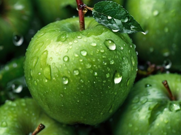 A bunch of green apple with raindrops