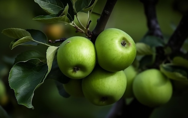 A bunch of green apples are hanging from a tree