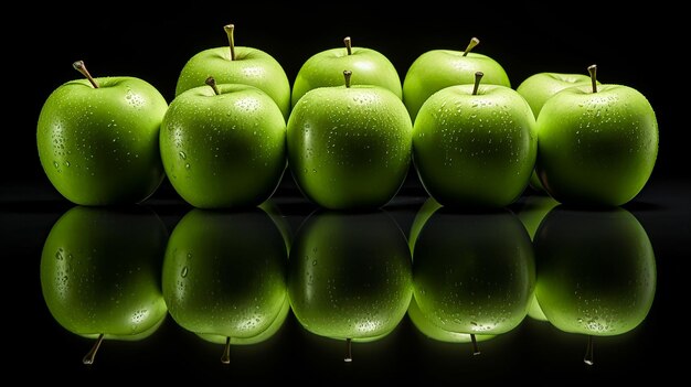 Photo bunch of green apples on a mirrored tabletop