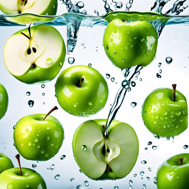 a bunch of green apples in water