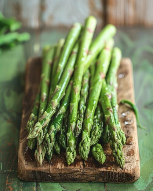 Bunch of green asparagus on wooden board