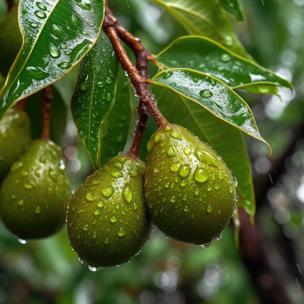 A bunch of green avocados are hanging from a tree.