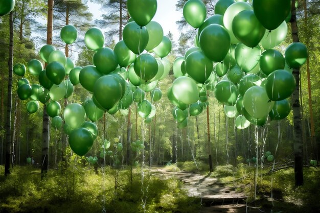 Photo a bunch of green balloons are in the air ai