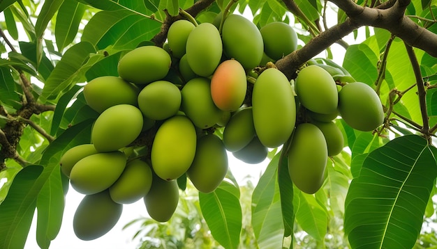 a bunch of green bananas hanging from a tree