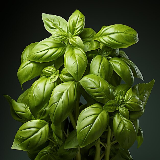 a bunch of green basil leaves with a black background.