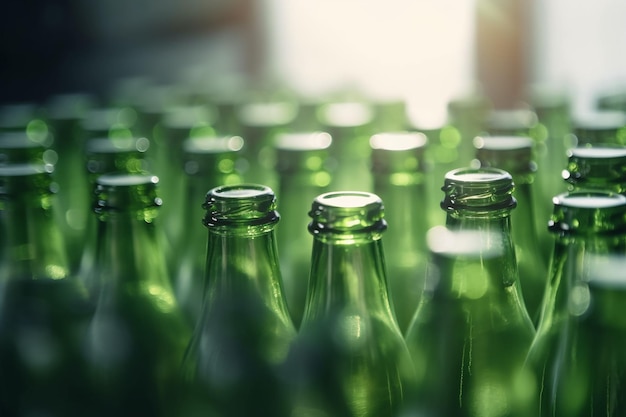 A bunch of green beer bottles with the word beer on them